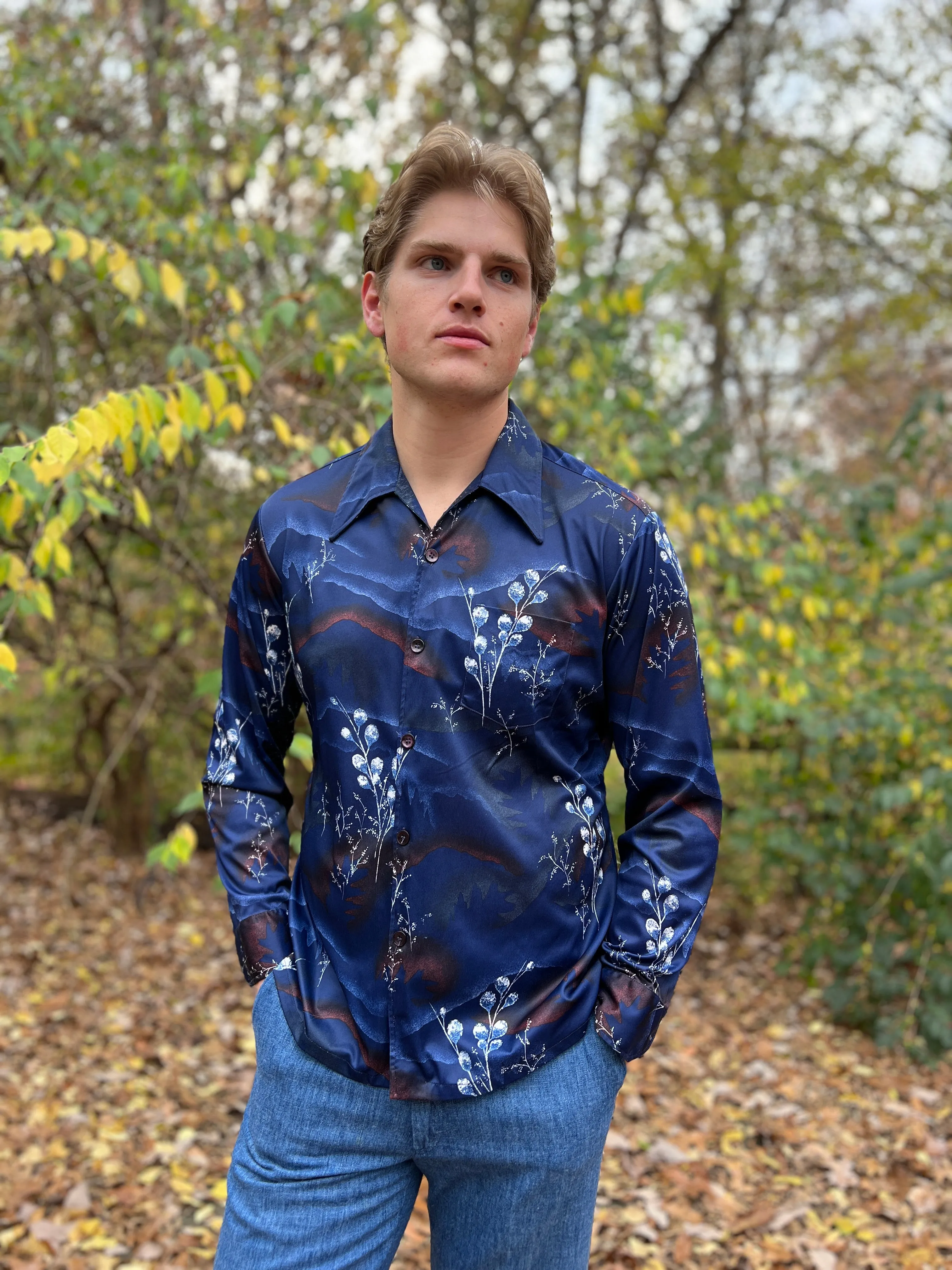 70s Men's Blue White Floral Vintage Nylon Disco Shirt, Spire