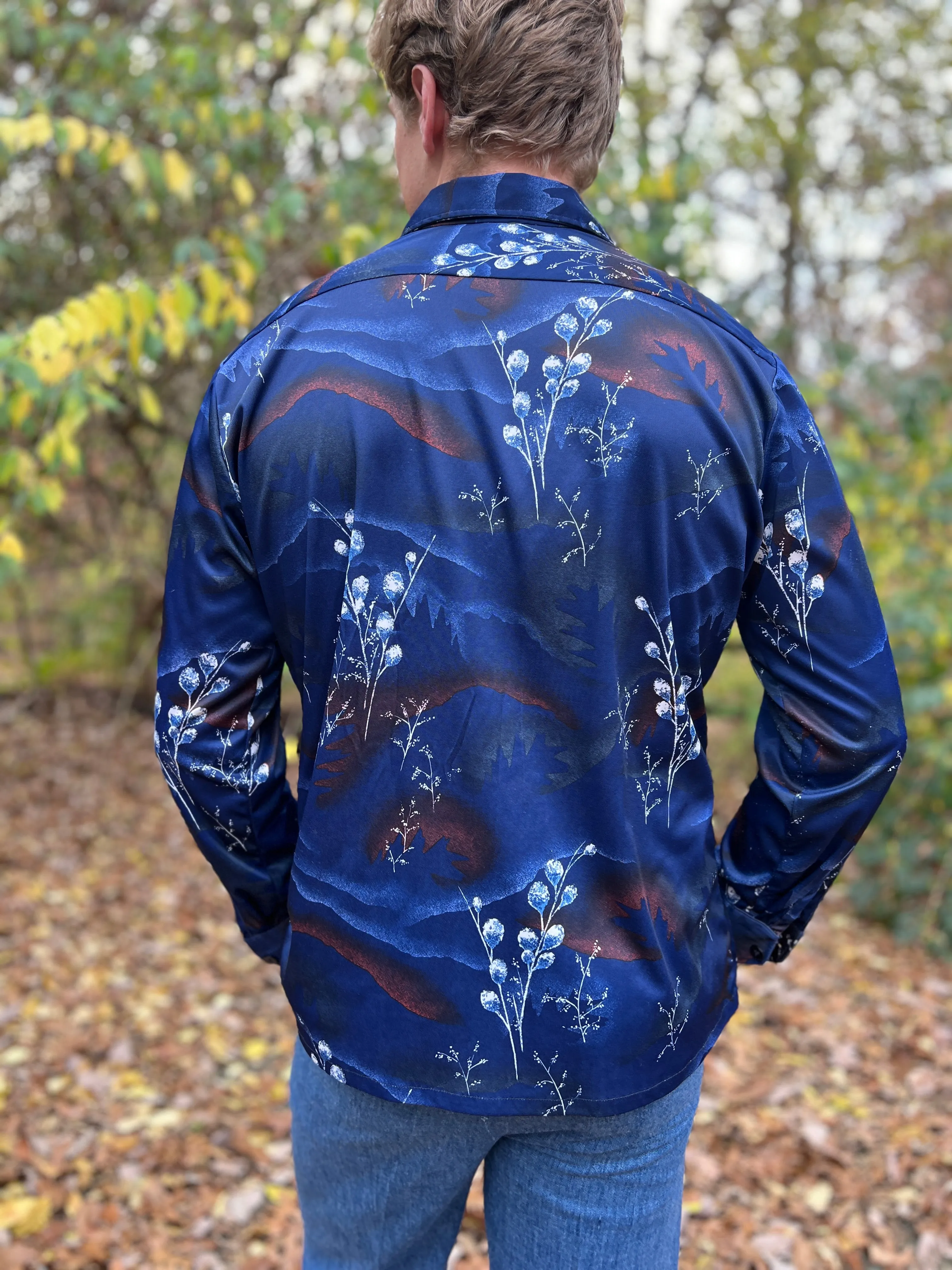 70s Men's Blue White Floral Vintage Nylon Disco Shirt, Spire