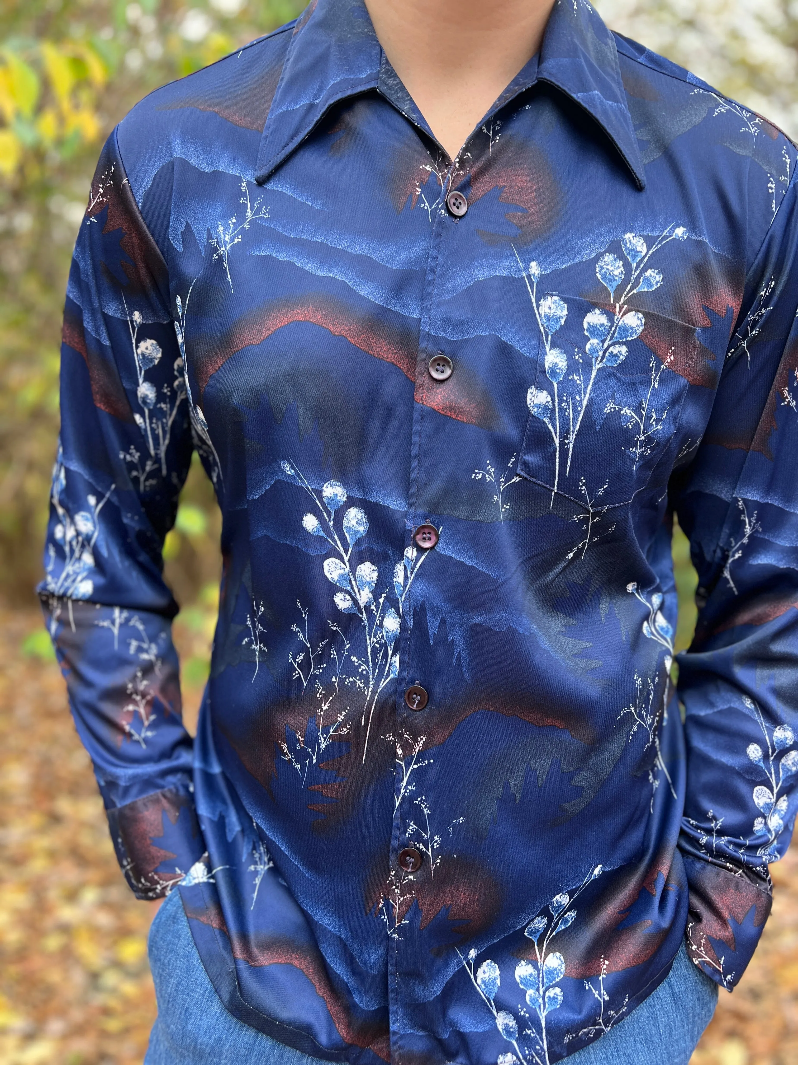 70s Men's Blue White Floral Vintage Nylon Disco Shirt, Spire