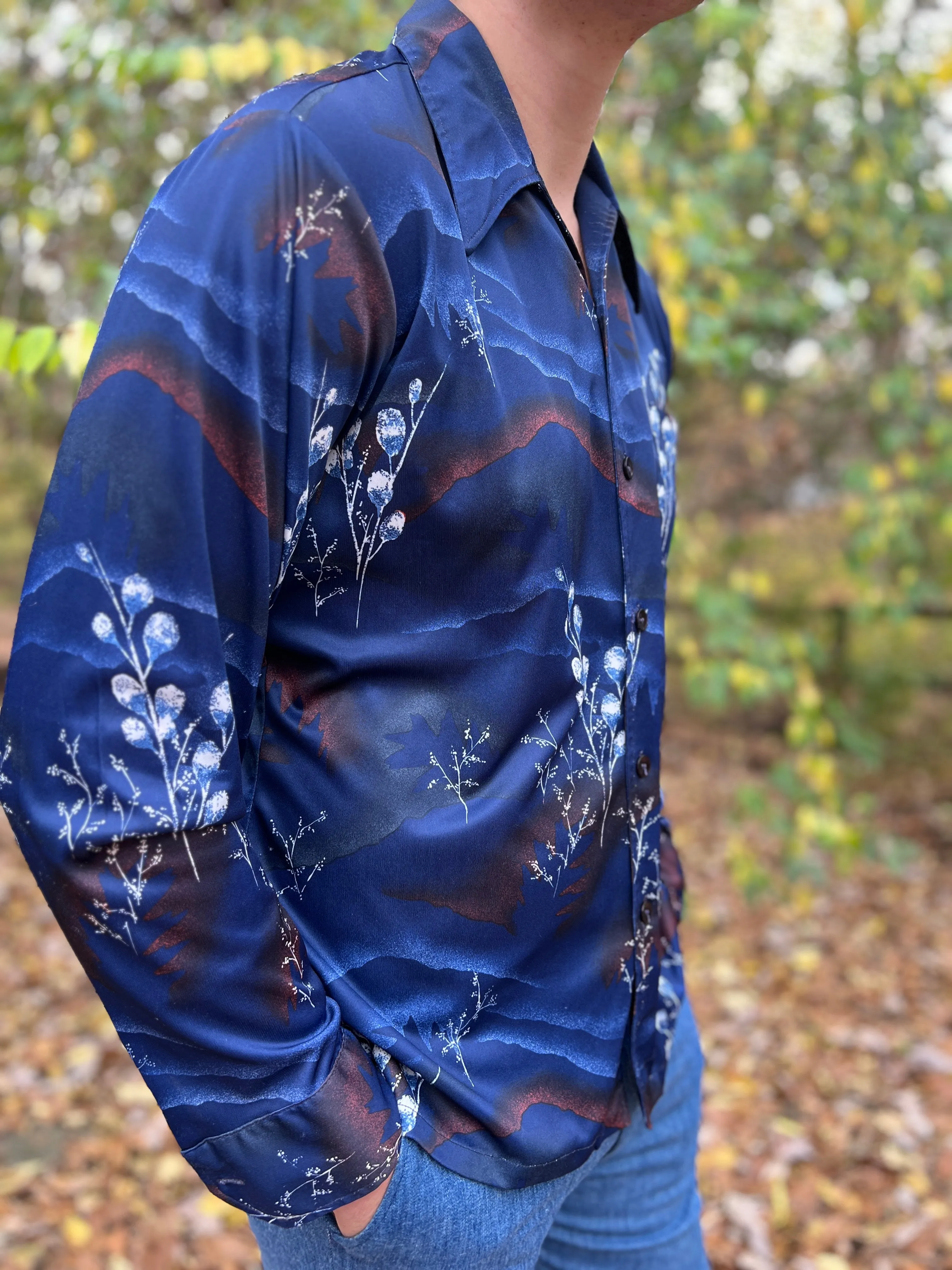 70s Men's Blue White Floral Vintage Nylon Disco Shirt, Spire