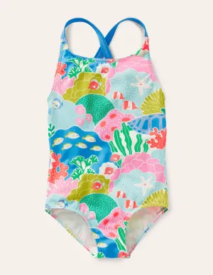 Cross-back Printed Swimsuit-Multi Coral Reef