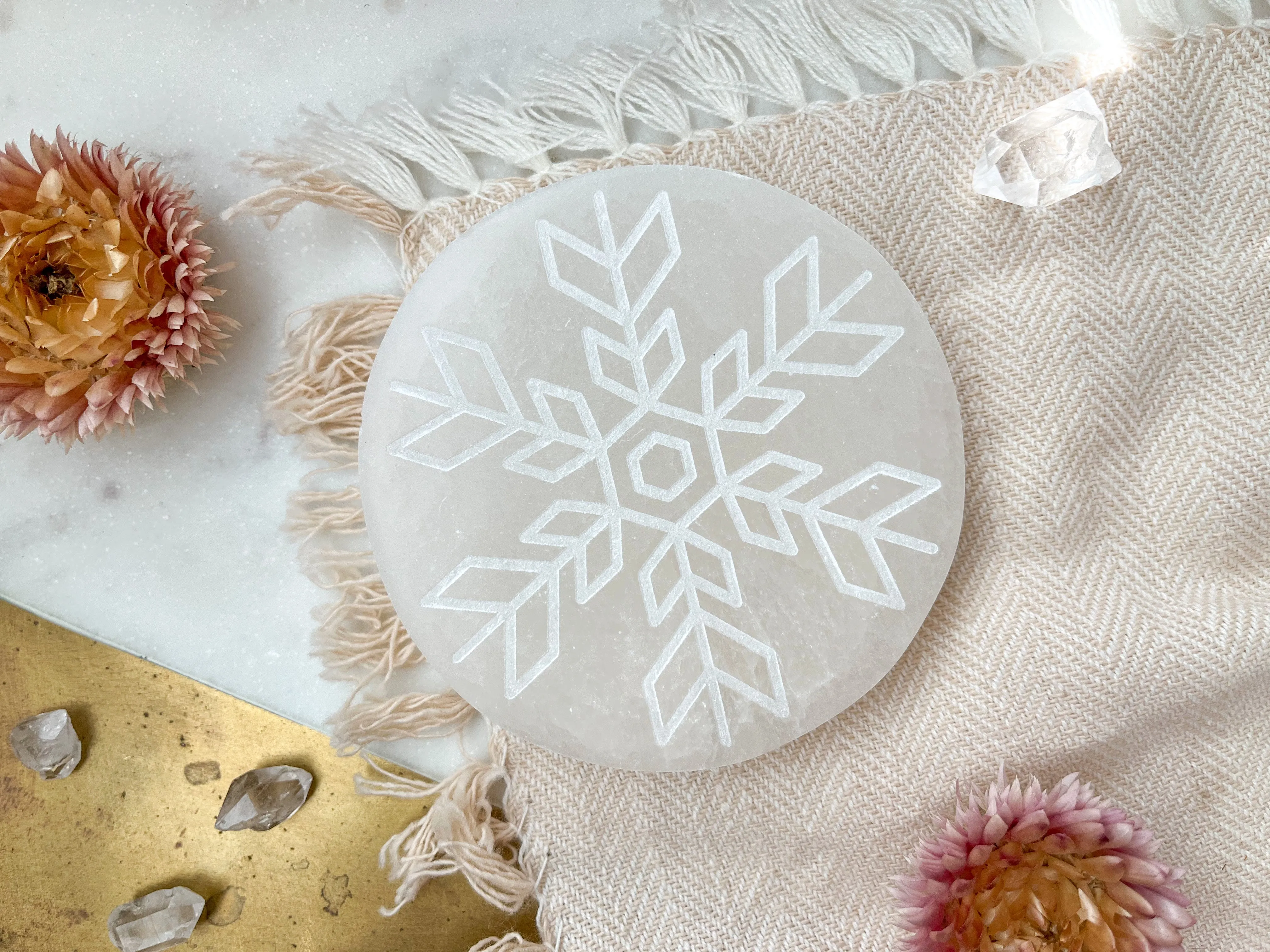 "Winter Wonderland" Snowflake Selenite Cleansing Disc, Charging Plate and Crystal Grid