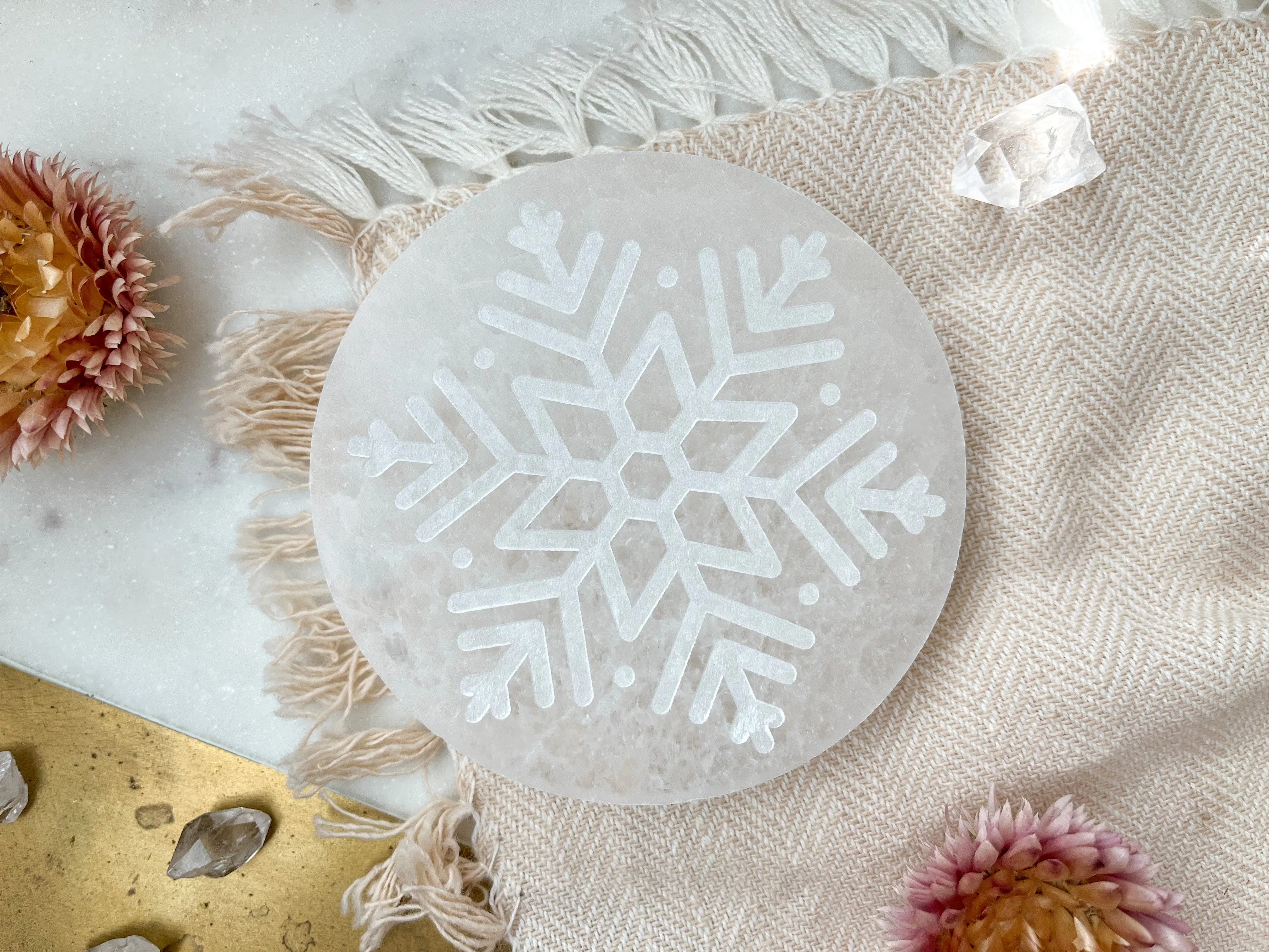 "Winter Wonderland" Snowflake Selenite Cleansing Disc, Charging Plate and Crystal Grid